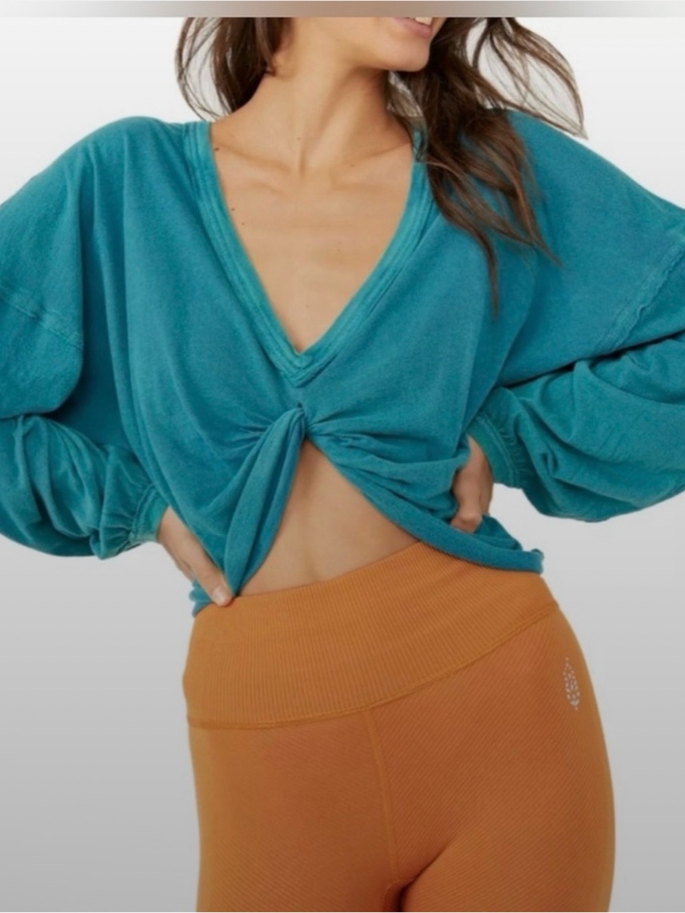 Free People Teal V-Neck Twist Front Women's Top